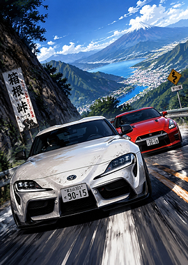 Racing Cars on Mountain Road with Mt. Fuji View