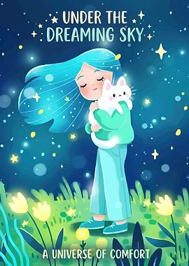 Girl Hugging Cat Under Dreaming Sky