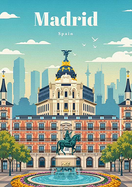 Madrid Cityscape with Fountain and Statue