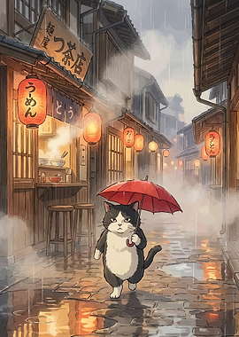 Cat with Umbrella in Rainy Japanese Street