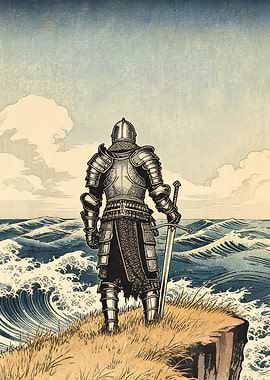 Knight on Cliff Overlooking Ocean