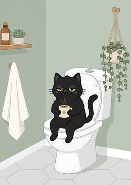 Black Cat with Coffee on Toilet