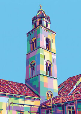 Colorful Church Tower and Rooftops