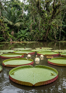 Giant Water Lilies in a Lush Jungle