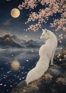 White Fox Under Cherry Blossoms