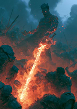 Fiery Warrior with Glowing Sword
