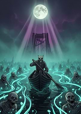 Skeleton rowing boat through zombie-infested water