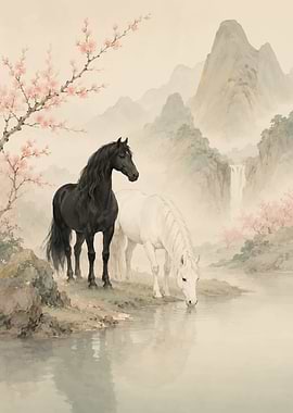 Two Horses by a Waterfall