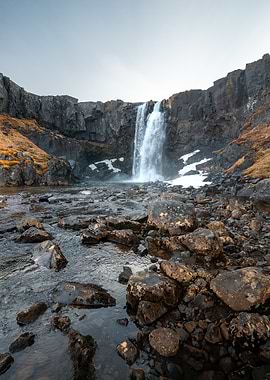 Gufufoss Waterfall in Rocky Landscape