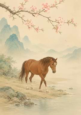 Horse by a Stream with Cherry Blossoms
