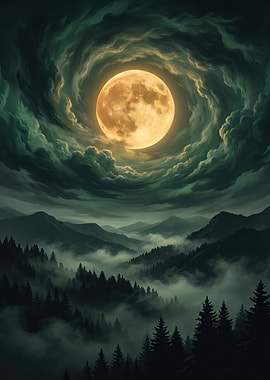 Moonlit Vortex Over Misty Mountains