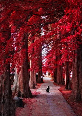 Black cat on a path with red trees