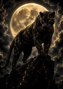 Golden Panther on Moonlit Rock