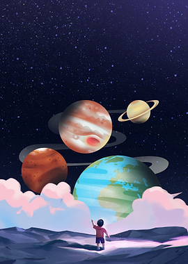 Child Reaching for Planets in Space
