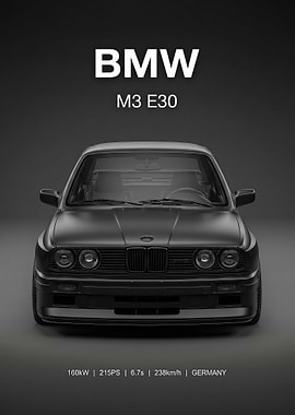 sleek black BMW evo E30 Front View car poster