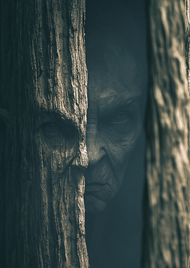 Creepy face peeking through trees