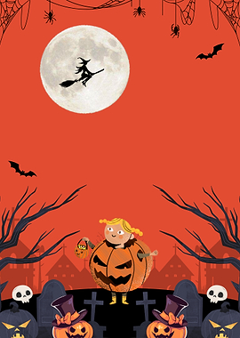 Halloween Night Scene with Witch and Pumpkins