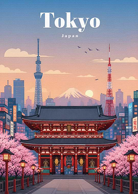 Tokyo Cityscape with Temple and Cherry Blossoms