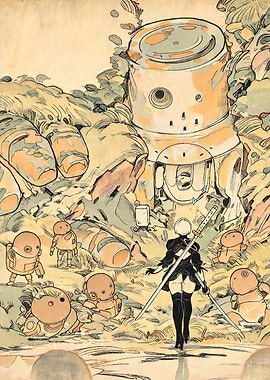 2B and YoRHa Units in a Ruined Landscape