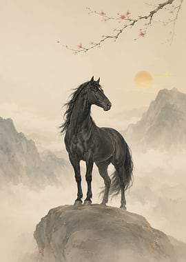 Majestic Black Horse on Cliff