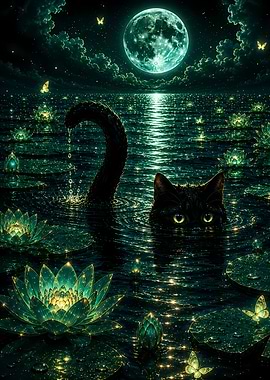 Mystical Black Cat in Moonlit Water Lilies