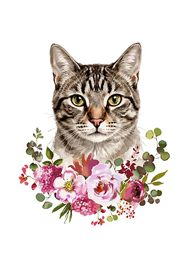 Tabby Cat with Flowers