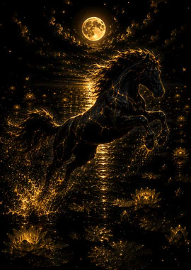 Black Horse Leaping in Golden Moonlight