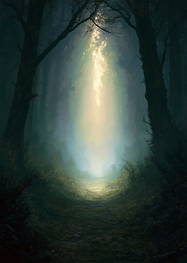 Mystical Forest Path with Light Beam