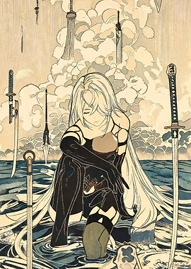 Anime Girl with Swords in Water