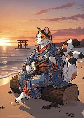 Cat playing shamisen at sunset