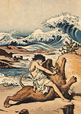 Man wrestling a lion by the sea