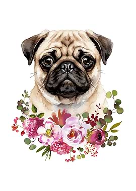 Pug with Floral Wreath