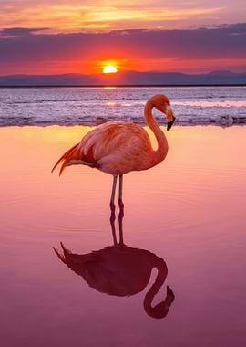 Flamingo at Sunset Reflection