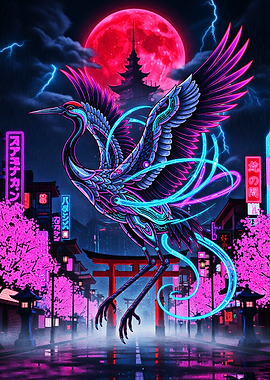 Cyberpunk Crane in Neon Tokyo