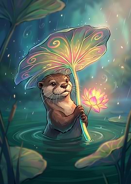 Cute Otter with Lotus Flower Umbrella