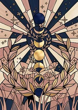 Celestial Moon Phases and Floral Stained Glass