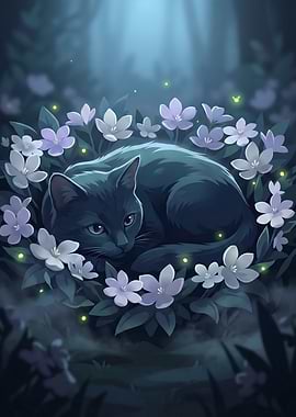 Mystical Feline and Moonlit Blossoms