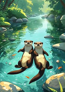 Two Otters in a Stream