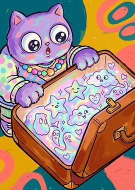 Purple Cat With Magical Suitcase