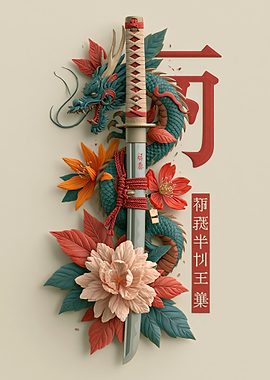 Samurai Sword with Dragon and Flowers