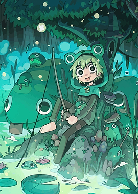 Frog Child Fishing in a Magical Swamp