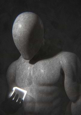 Mannequin holding a glowing phone
