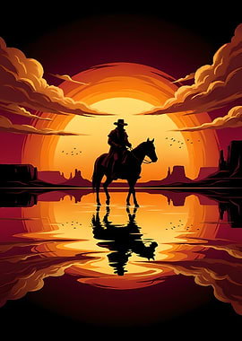Cowboy Riding Horse at Sunset