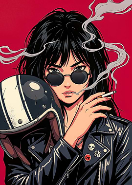 Woman with Motorcycle Helmet and Cigarette