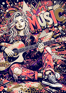 Woman Playing Guitar with 'MUSIC' Text