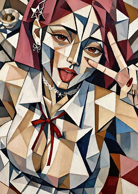 Cubist Portrait of a Woman with Pink Hair