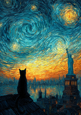 Cat overlooking Statue of Liberty in Van Gogh style