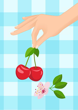 Hand Holding Cherries and a Flower