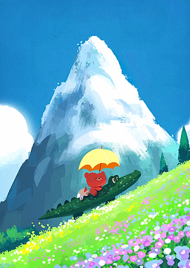 Bear and Alligator on a Flowery Hill