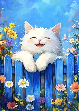Happy Cat Peeking Over Fence